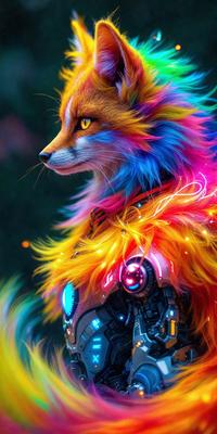 The primary subject of the image is a colorful, rainbow-colored fox with a long, flowing mane. The fox is wearing a futuristic, technological-looking outfit, which includes a cape and a necklace. The setting is a forest, with the fox standing in the middle of the scene. The visual style of the image is a combination of photo and digital art, creating a unique and eye-catching representation of the fox. The colors and mood of the image